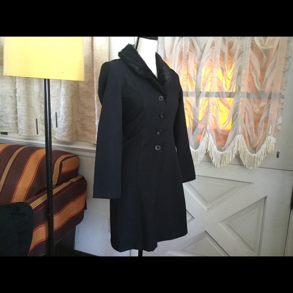 Vintage women long coat black faux fur collar - Picture 5 of 6